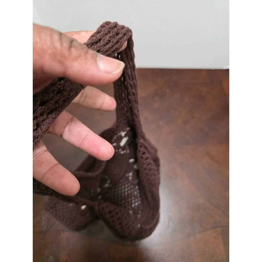 Urban Outfitters Crochet Brown Mesh Shoulder Bag Cream Floral Pattern Size M - Picture 7 of 9